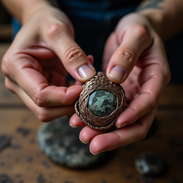 Técnica de enrolamento de arame em pedra semipreciosa, close-up.