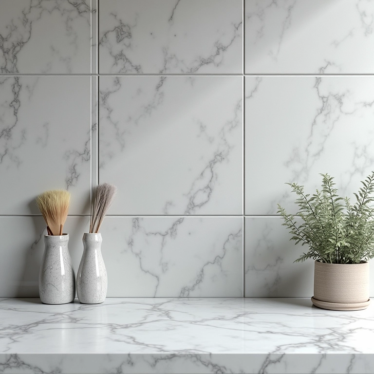 Técnica de pintura marmorizada em azulejos de cozinha.