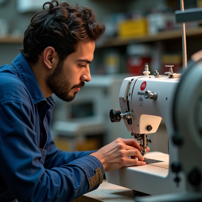 Técnico profissional fazendo manutenção em máquina de costura
