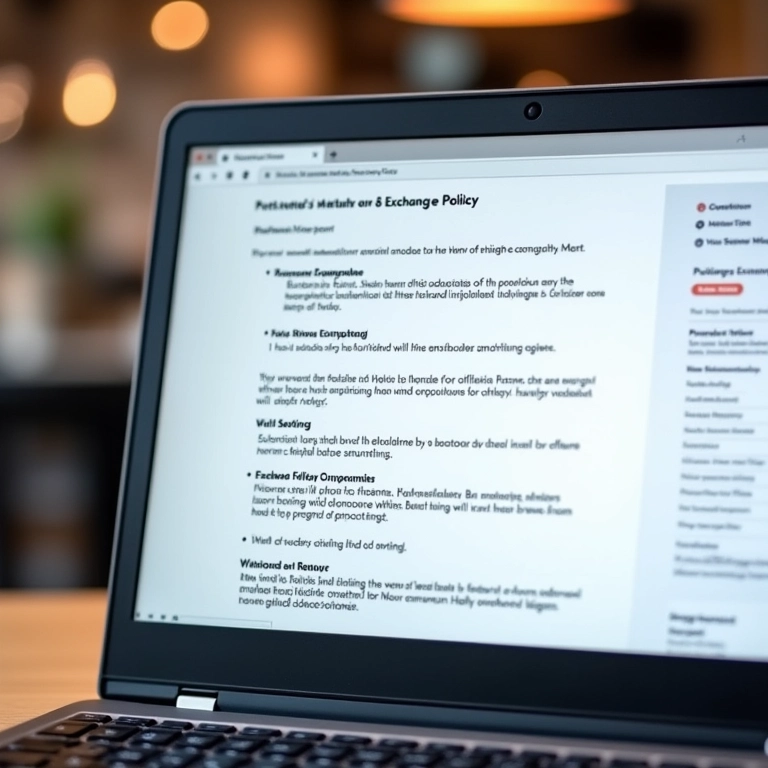 Tela de laptop mostrando a política de trocas e devoluções de uma loja online.