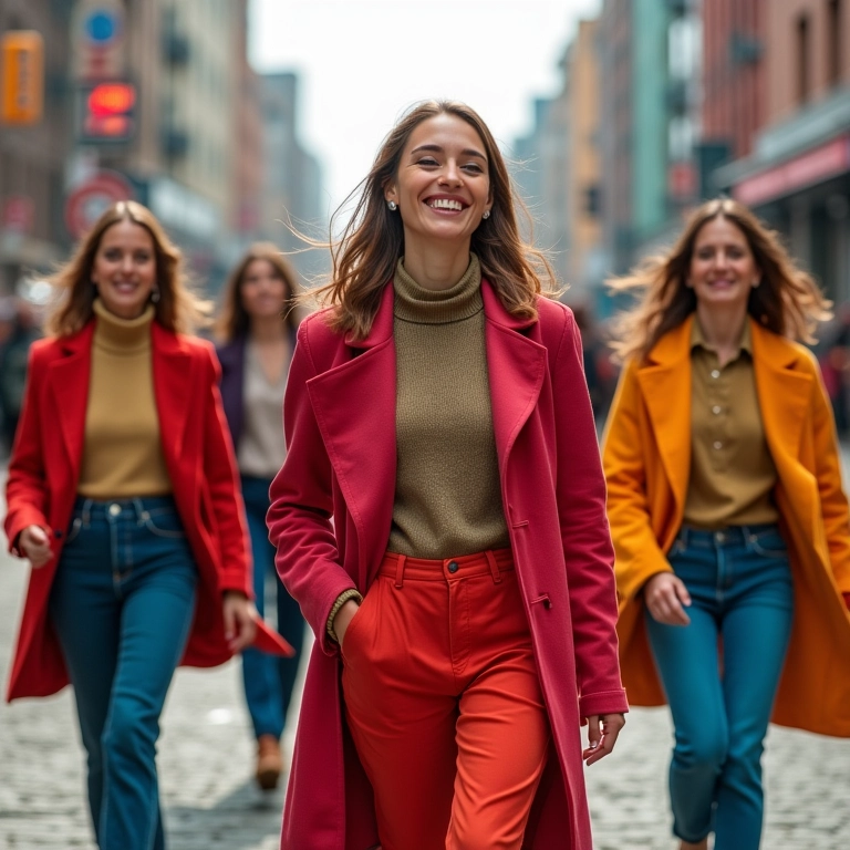 Tendências de moda inverno 2025: mulheres estilosas e diversas aproveitando a cidade.