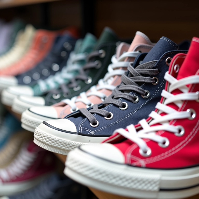 Tênis All Star Converse em diversas cores e estilos organizados em prateleira.