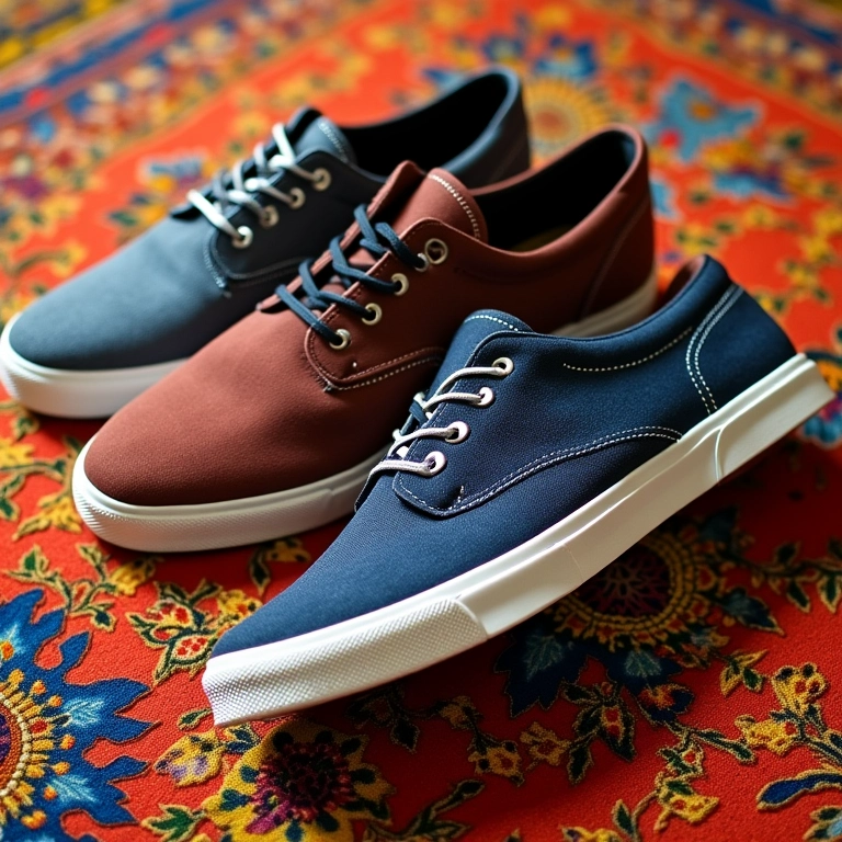 Tênis estilosos dispostos sobre tecido colorido brasileiro.