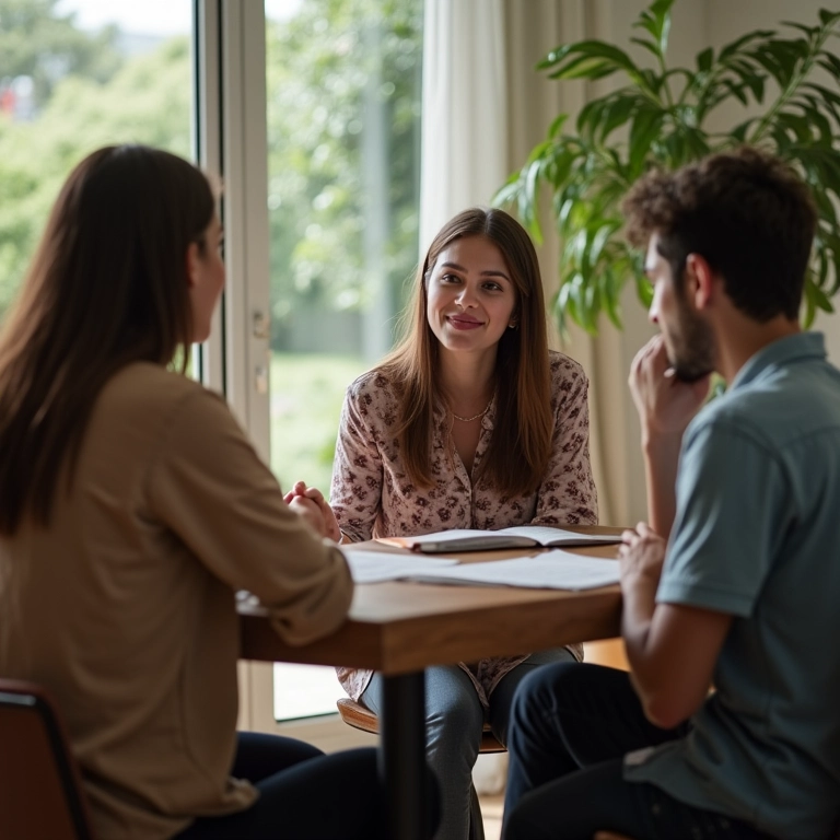 Terapeuta guiando família em discussão, mostrando o papel do terapeuta familiar.