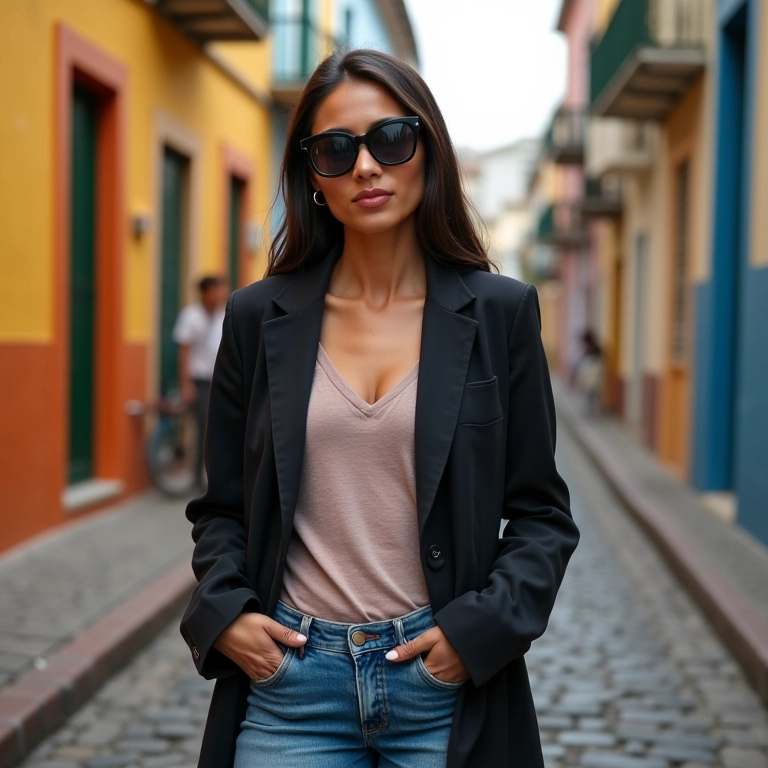 Terceira peça como blazer alongando a silhueta.