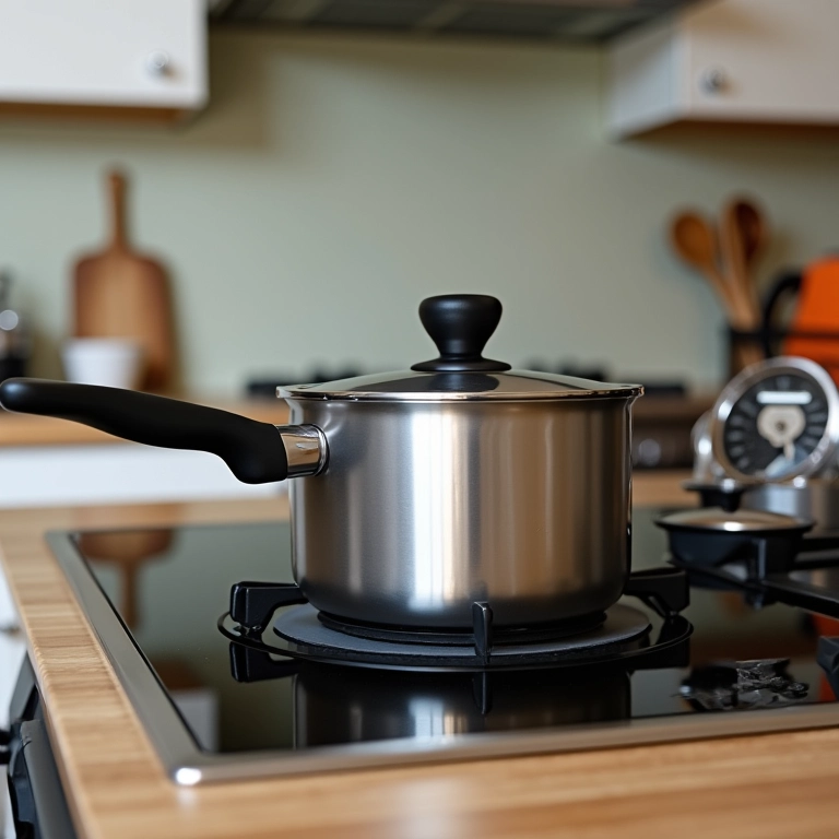 Termômetro, panela, fogão e panela elétrica para fazer velas aromáticas.