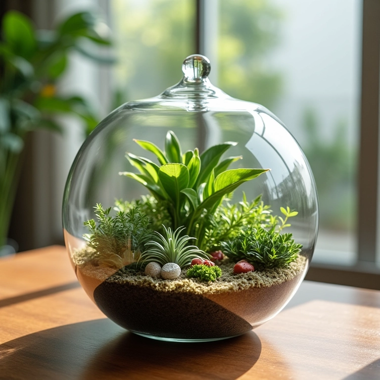 Terrário de vidro com plantas em miniatura e elementos decorativos.