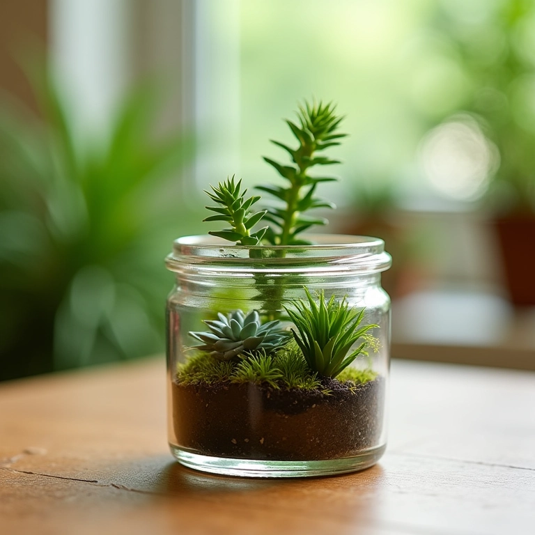 Terrário divertido em pote de vidro com suculentas e decoração brasileira.