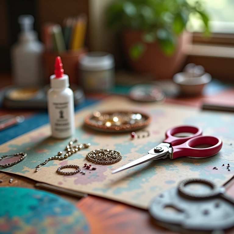 Tesoura e cola para artesanato na criação de bijuterias.