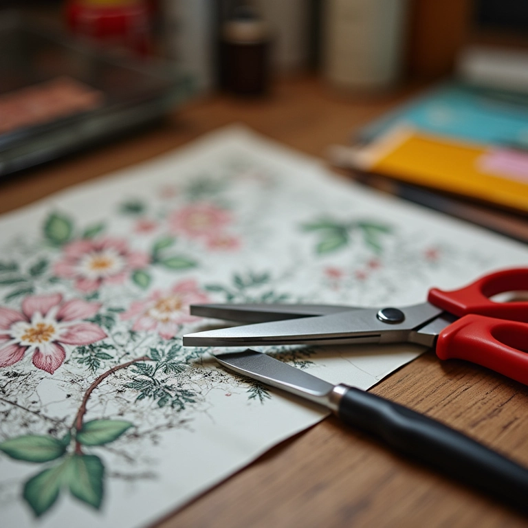 Tesoura e estilete para recortar materiais de decoupage.