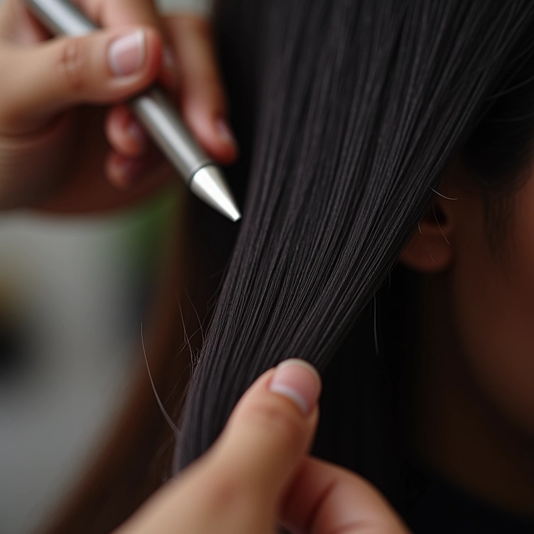 Teste de mecha sendo realizado em cabelo escuro em salão de beleza.
