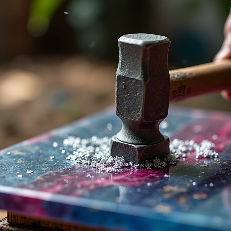 Teste de resistência mecânica em peça de resina epóxi com impacto controlado.