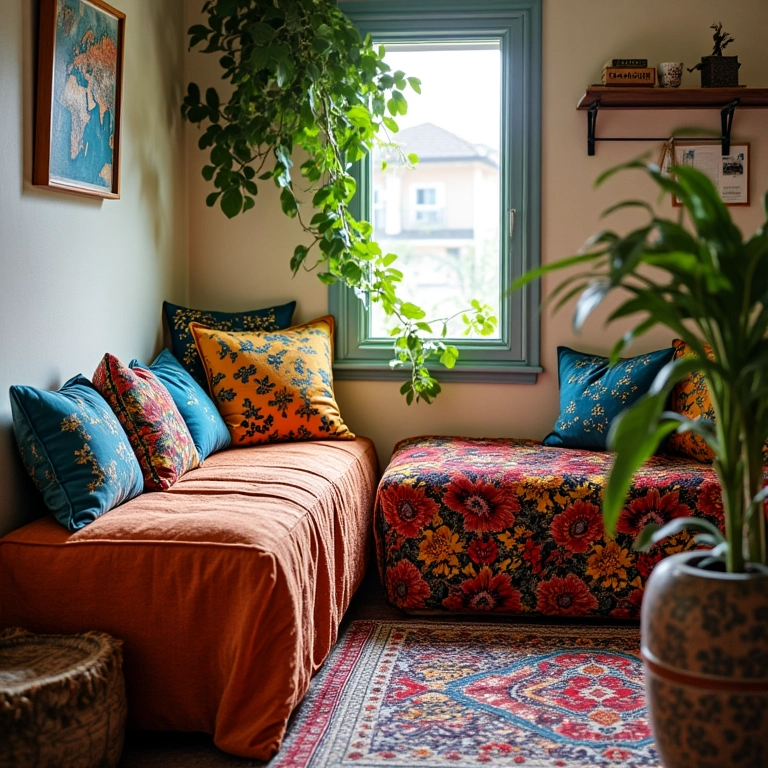 Texturas e estampas vibrantes em quarto pequeno.