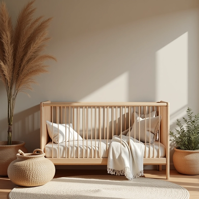 Texturas naturais em detalhes aconchegantes de quarto de bebê safári.