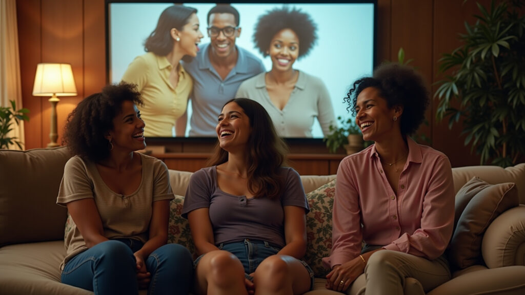 Three diverse women laughing, watching 'Hidden Figures' on a cozy living room projector. Brazilian Mulheres inspiradas assistindo 'Estrelas Além do Tempo'.