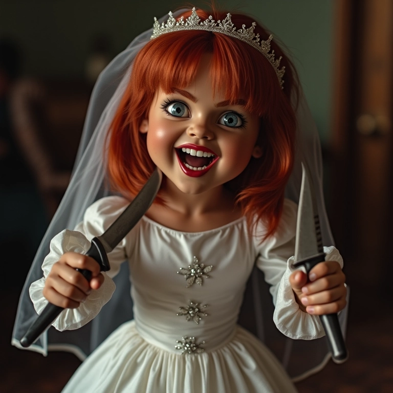 Tiffany Valentine, a Noiva de Chucky, segurando uma faca com um sorriso maléfico.