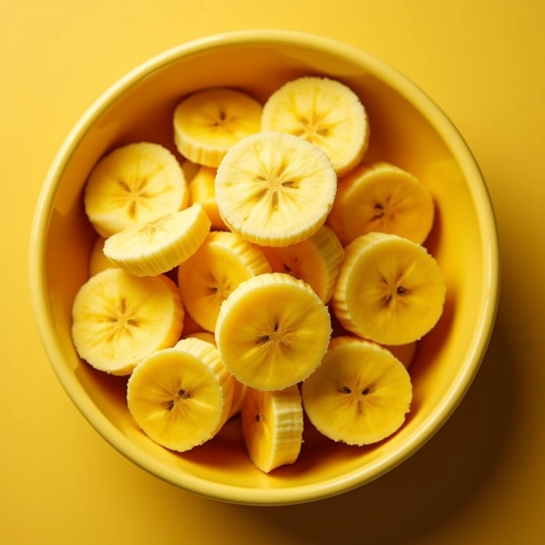 Tigela com rodelas de banana em cenário colorido estilo Farm Rio.