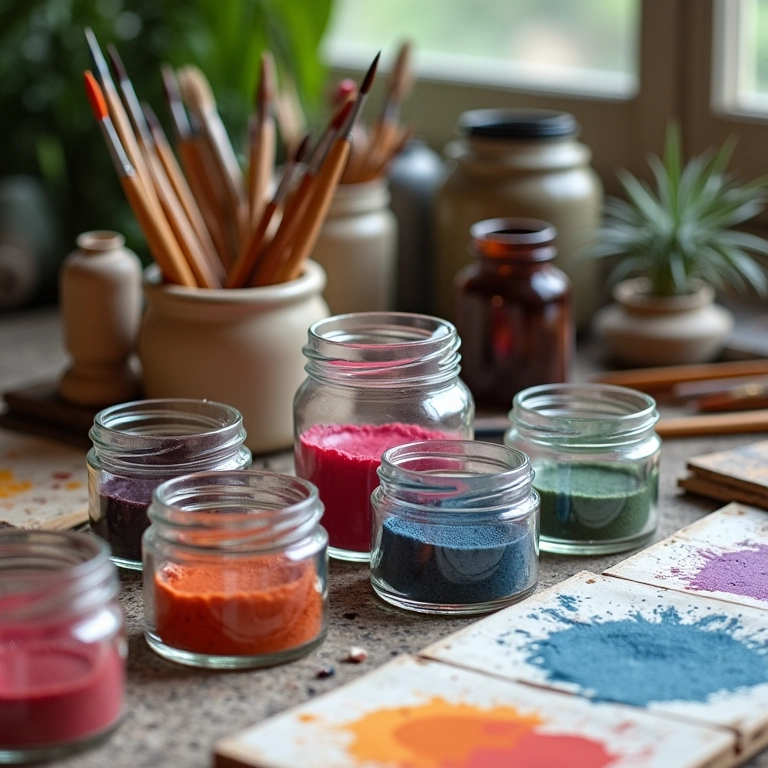Tintas naturais e pigmentos caseiros em potes de vidro, paleta de artista e pincéis.