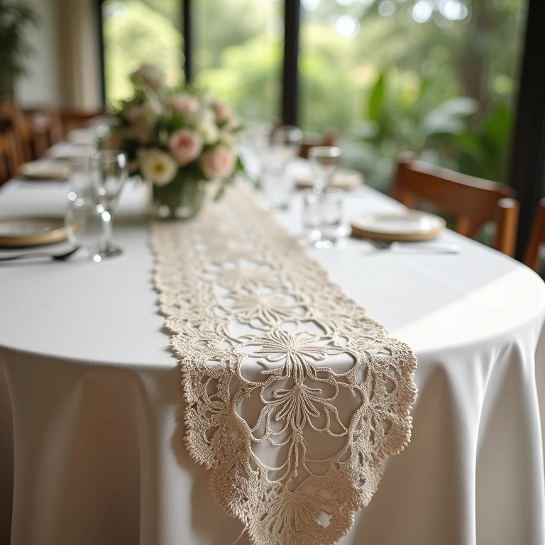 Toalha de linho e caminho de mesa de renda em mesa de casamento elegante.