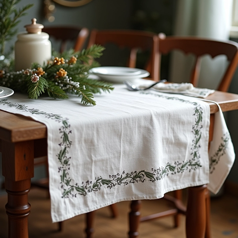 Toalha de mesa de linho bordada para o Natal, estilo rústico-chique.