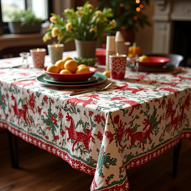 Toalha de mesa natalina com estampas inspiradas na cultura brasileira.