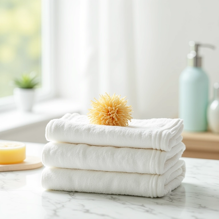 Toalhas de bebê macias, esponja natural e sabonete suave em banheiro iluminado.