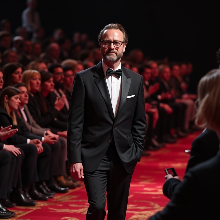 Tom Ford se curvando em desfile da Gucci, público aplaudindo.