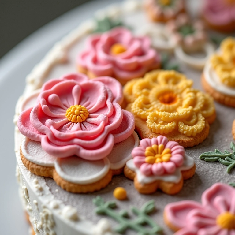 Topo de bolo em biscuit artesanal com detalhes florais.