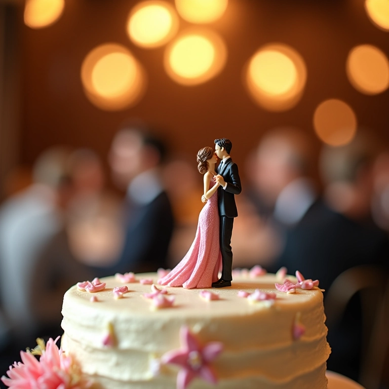 Topo de bolo em biscuit com casal dançando em festa de casamento.