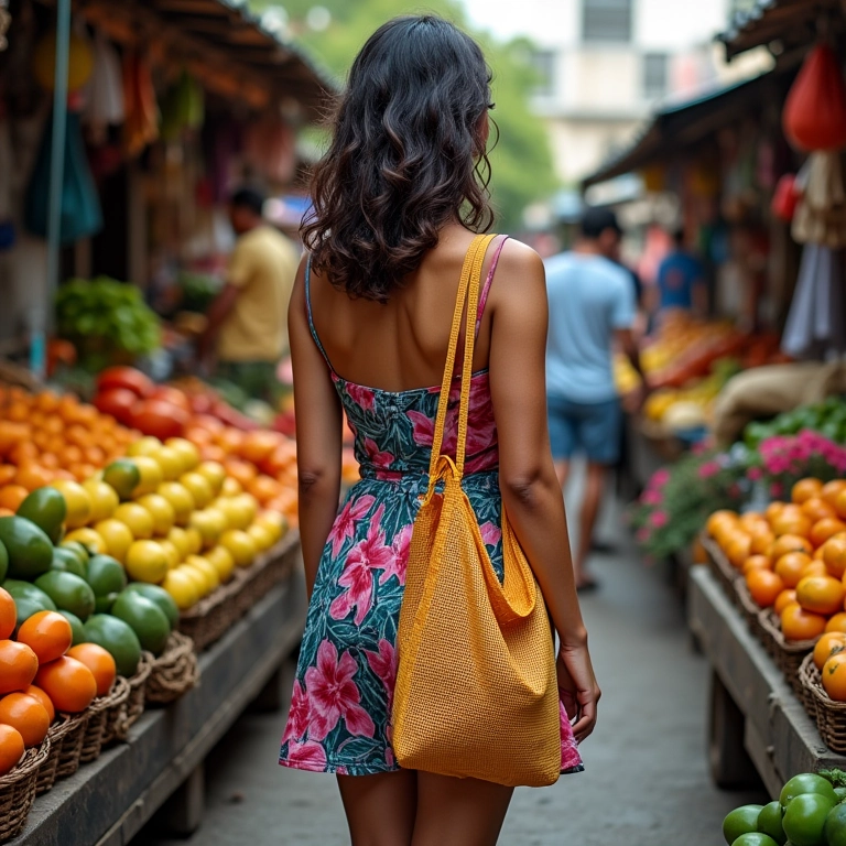 Tote bag espaçosa ideal para o dia a dia, em cenário vibrante de mercado.