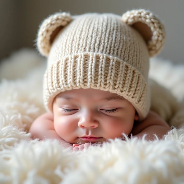 Touca de tricô com orelhinhas de bichinho em close-up.