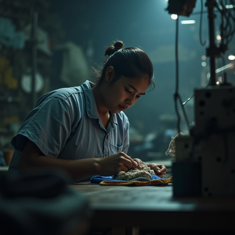 Trabalhador da indústria têxtil em condições precárias, representando a exploração da fast fashion.