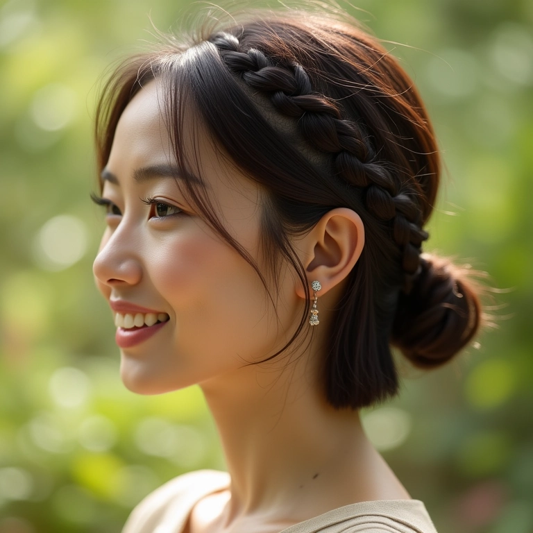 Trança lateral em cabelo curto estilo bob, detalhes Farm Rio.