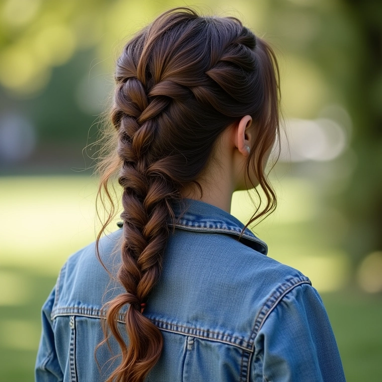 Trança lateral soltinha em cabelo ondulado com jaqueta jeans.