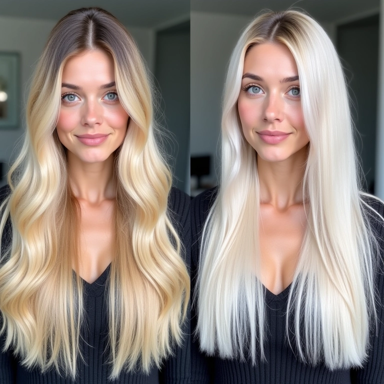 Transformação capilar: antes e depois do matizador em cabelo loiro.