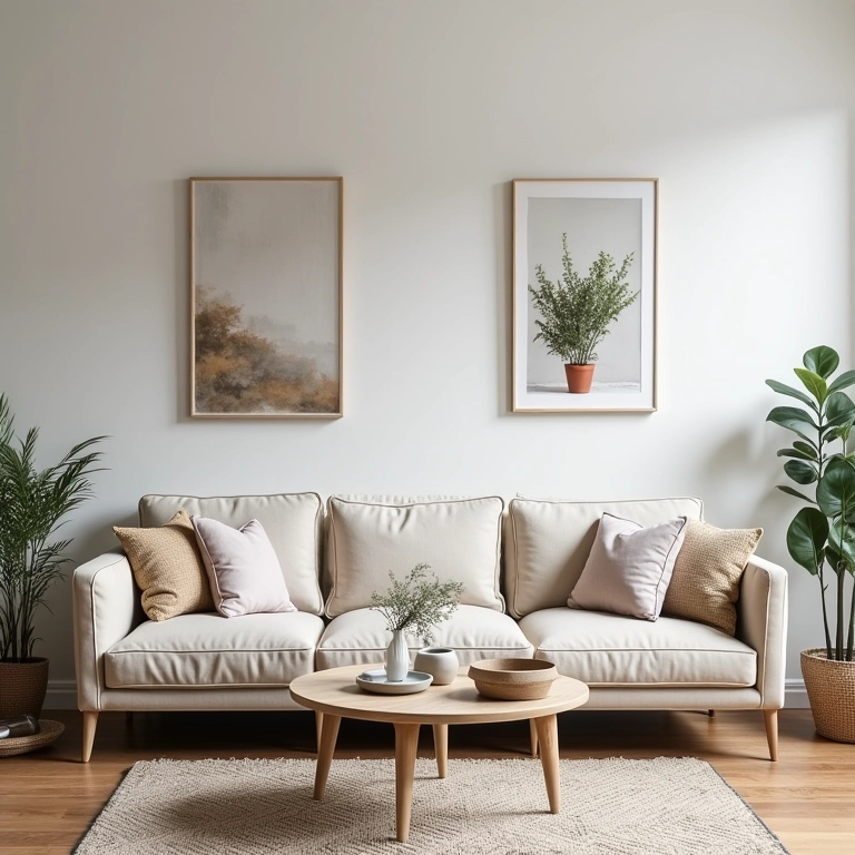 Transformação instantânea de uma sala de estar com a adição de quadros na parede.