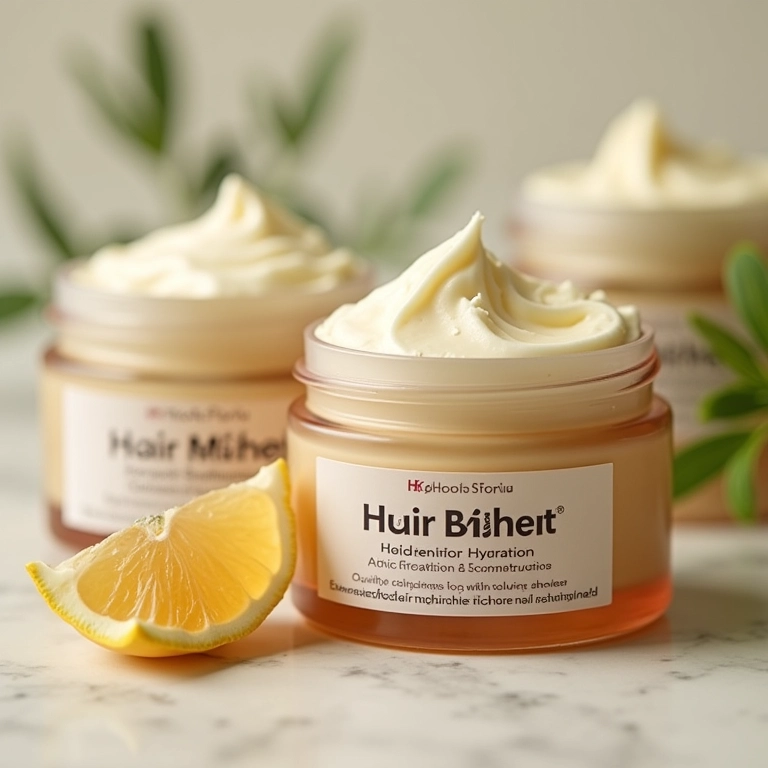 Três potes com máscaras capilares para hidratação, nutrição e reconstrução, com ingredientes naturais.