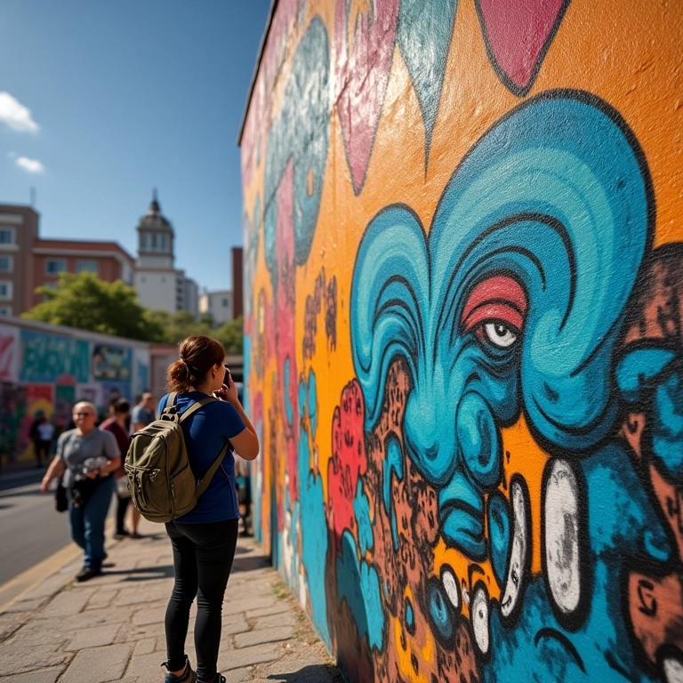 Turista admirando arte de rua em Recife.