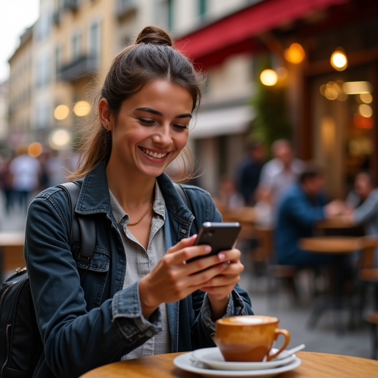 Turista comparando preços no celular, economizando na Europa.