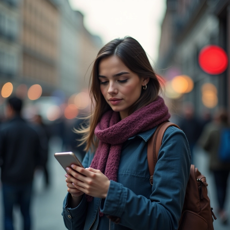 Turista usando aplicativo de transporte público no celular em uma cidade estrangeira.