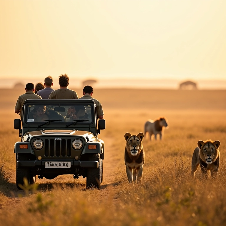 Turistas em um jipe aberto observando leões em um safári.