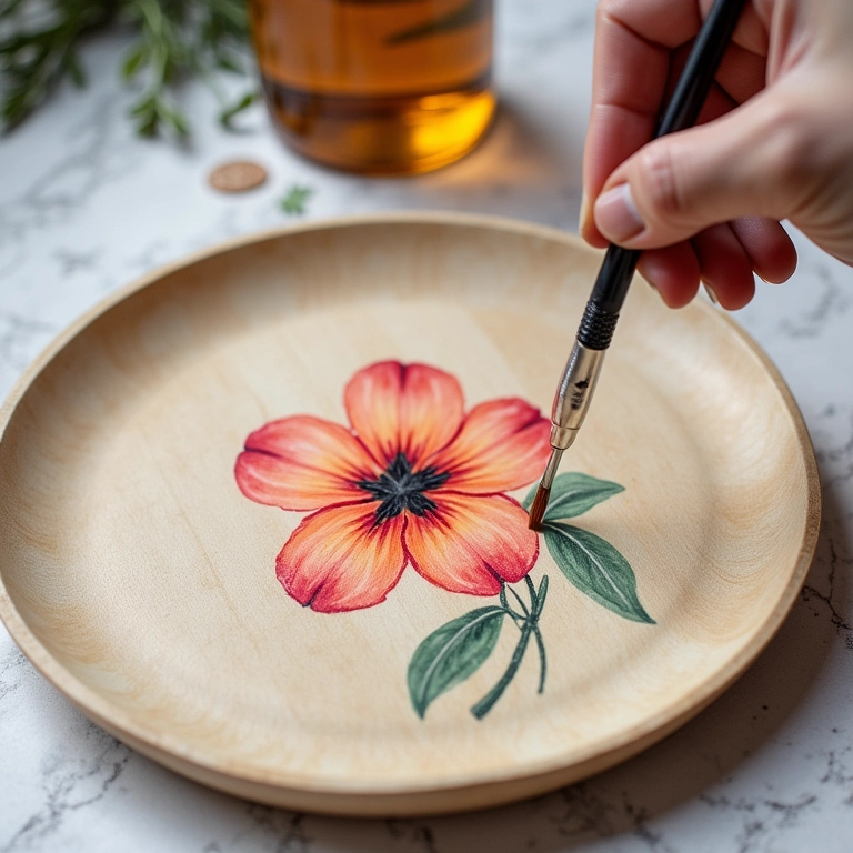 Tutorial passo a passo de como pintar uma flor simples em um prato de madeira usando Bauernmalerei.