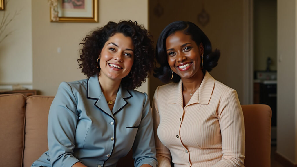 Two women, one black and one white, sit together, smiling, in a 1960s setting, inspired by 'The Amizade inspirada em 'Histórias Cruzadas'.