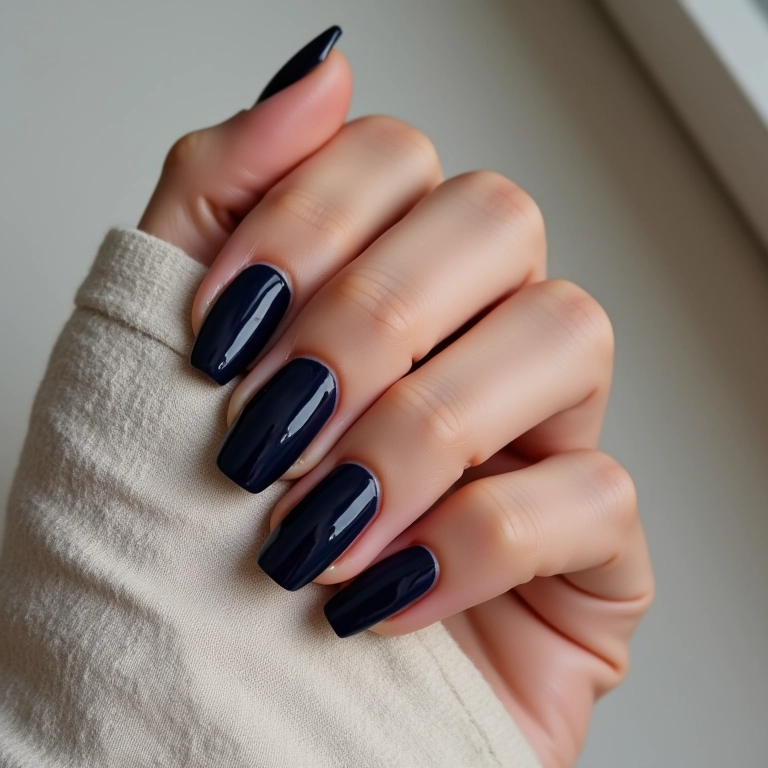 Unha azul marinho em mão feminina sobre fundo de linho.