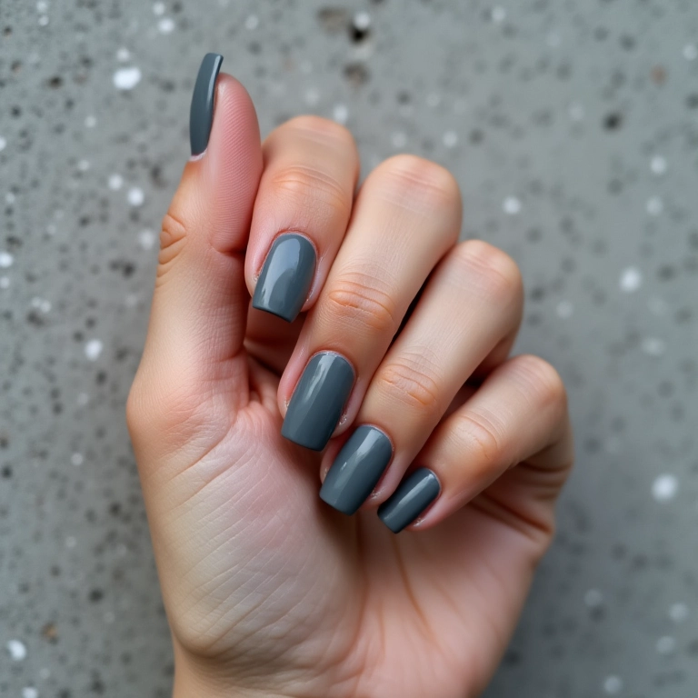 Unha cinza estilosa em mão feminina contra parede de concreto.