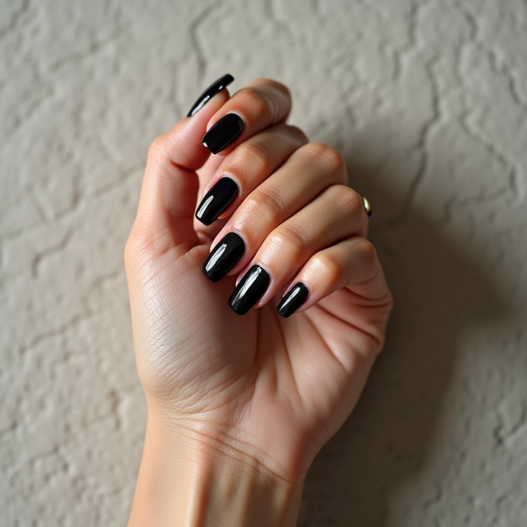 Unha preta sofisticada em mão feminina sobre fundo texturizado.