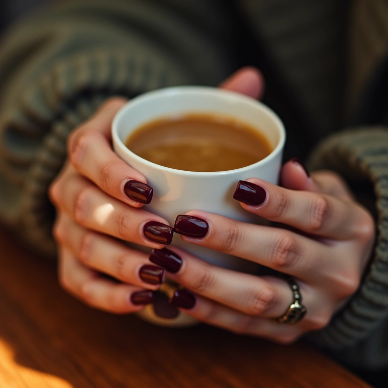 Unha vinho elegante em mão feminina segurando xícara de café.