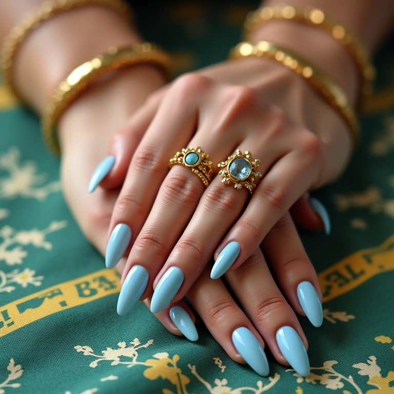Unhas azuis pastel com anéis e pulseiras douradas.