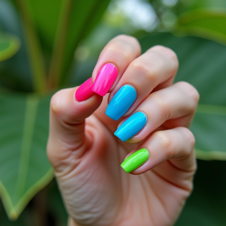Unhas bailarina com cores vibrantes e neon.