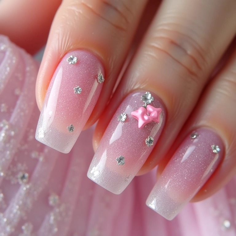 Unhas bailarina com pedrarias e glitter.